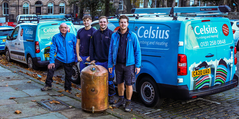 The Celsius plumbers at a heating installation job in Edinburgh.