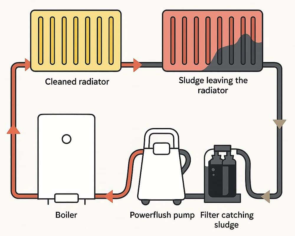 How the power flushing process works to clean your radiators and heating system. How the power flushing process works to clean your radiators and heating system.