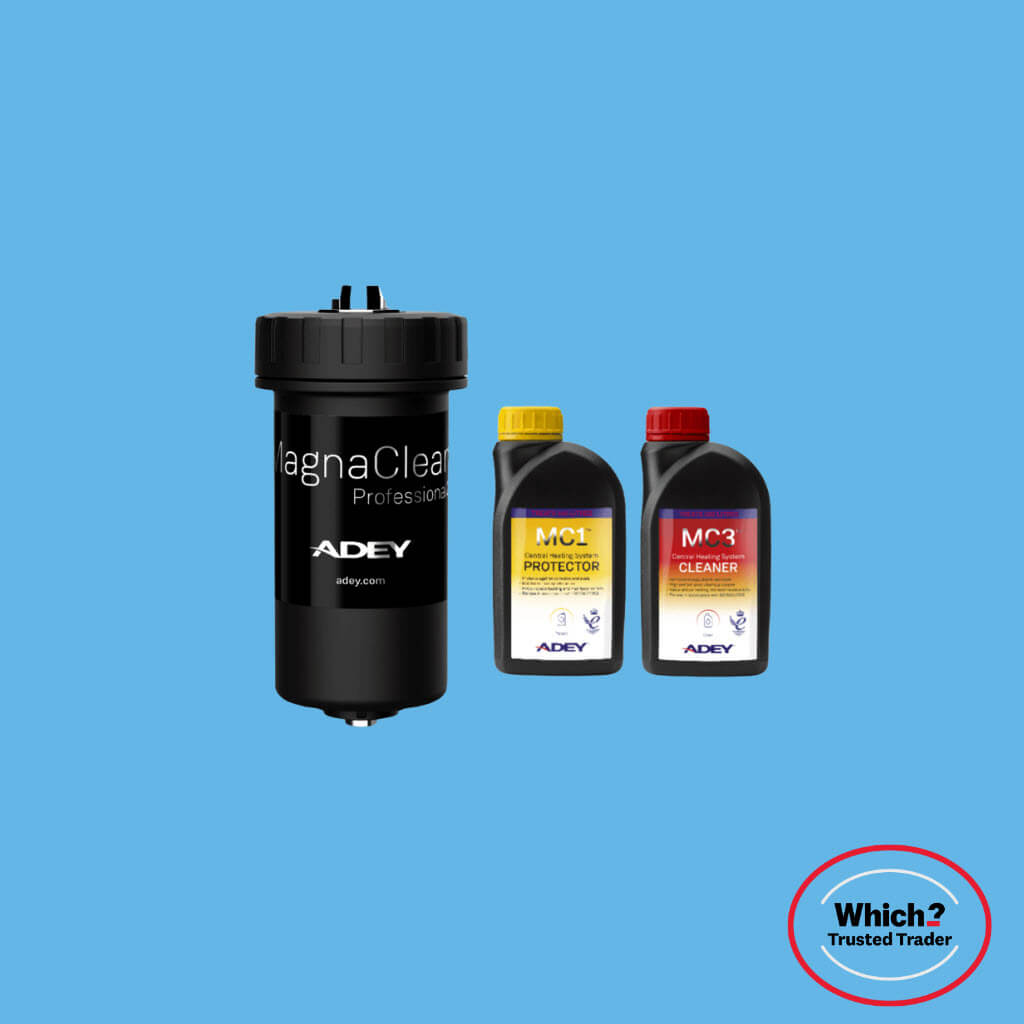 Adey MagnaClean professional 2 filter with cleaning and inhibitor chemicals.
