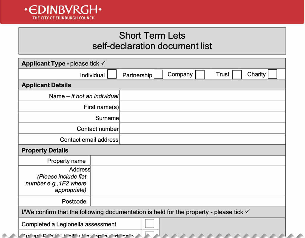 Self declaration form when applying for short-term let temporary exemption.